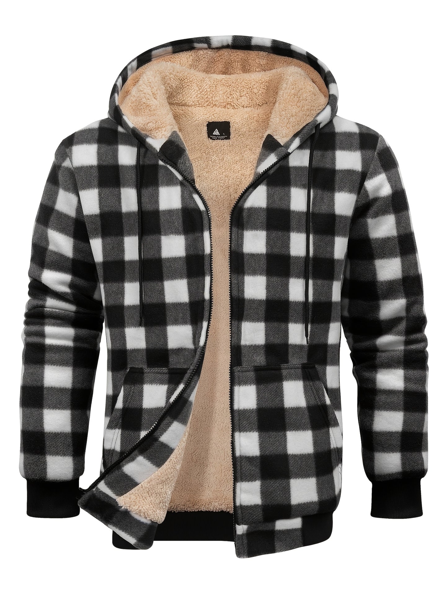 Men's Heavyweight Fleece Hooded Jacket - Full-Zip Sherpa Lining, Thick Winter Coat with Plaid Pattern (Blue/Black/Beige/Brown), Zippered Pockets, Hand Washable, Casual Outerwear for Cold Weather & Everyday Use - Ideal for Ski