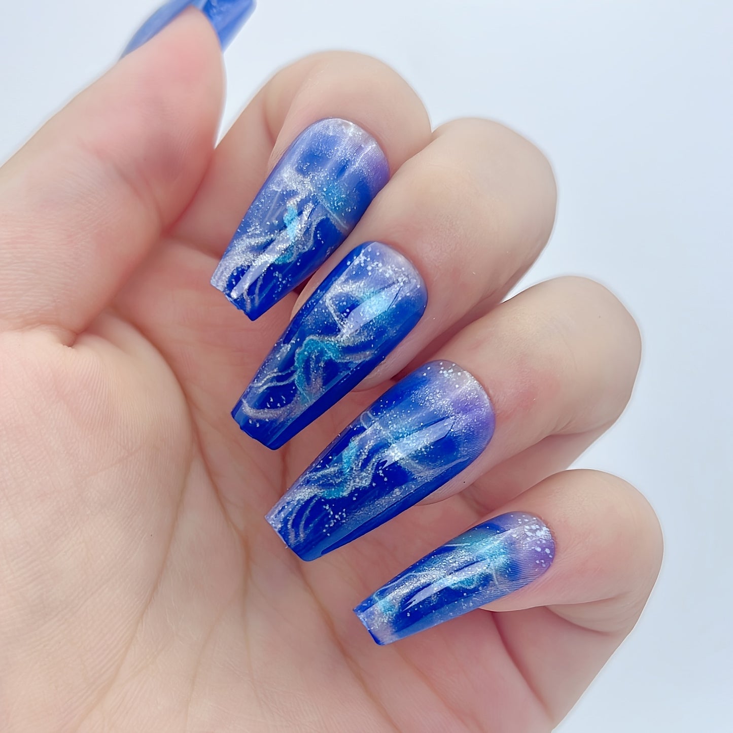 [Glowing Fake Nails] NGMATY 24pcs Gel False Nail Set | Medium Length Blue Jellyfish Coloring Glowing Fake Nails 12 Sizes - Press On Nails