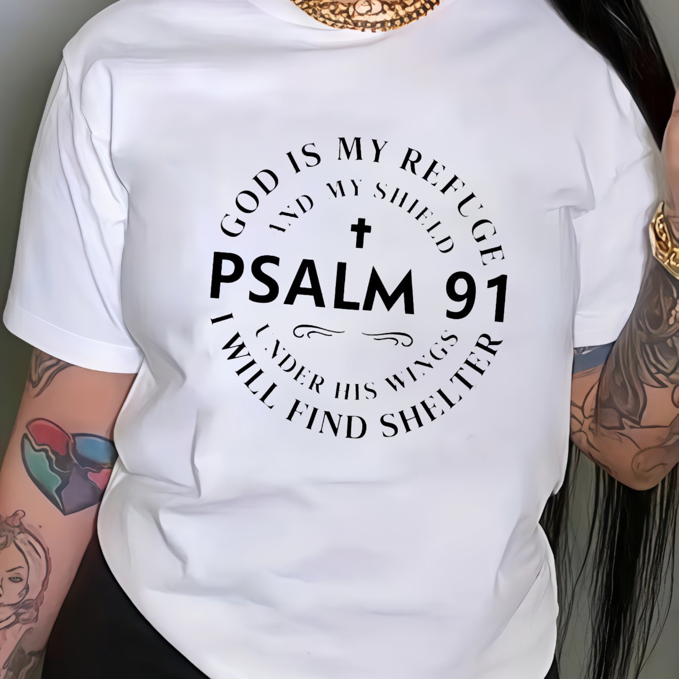 Women's Plus Size Comfort T-Shirt - Casual Round Neck Short Sleeve Top with Bold Psalm 91 Scripture & Geometric Print, Machine Washable Summer Faith-Inspired Apparel, Ladies T Shirts, Everyday Comfort Wear, Fashion Statement
