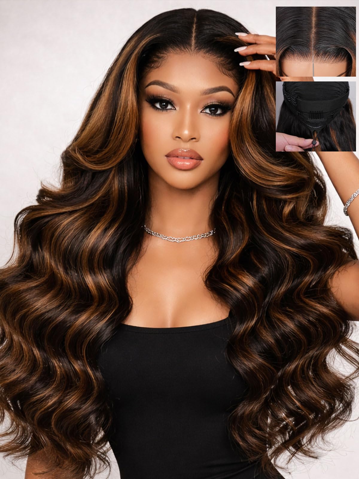 7x6 Body Wave Wig 1B/30 Balayage Wig Human Hair 18 Inch | 100% human hair, pre-plucked & pre-cut, Glueless Wear & Go. Adjustable drawstring, Brown Highlight,180% density. Silky & soft