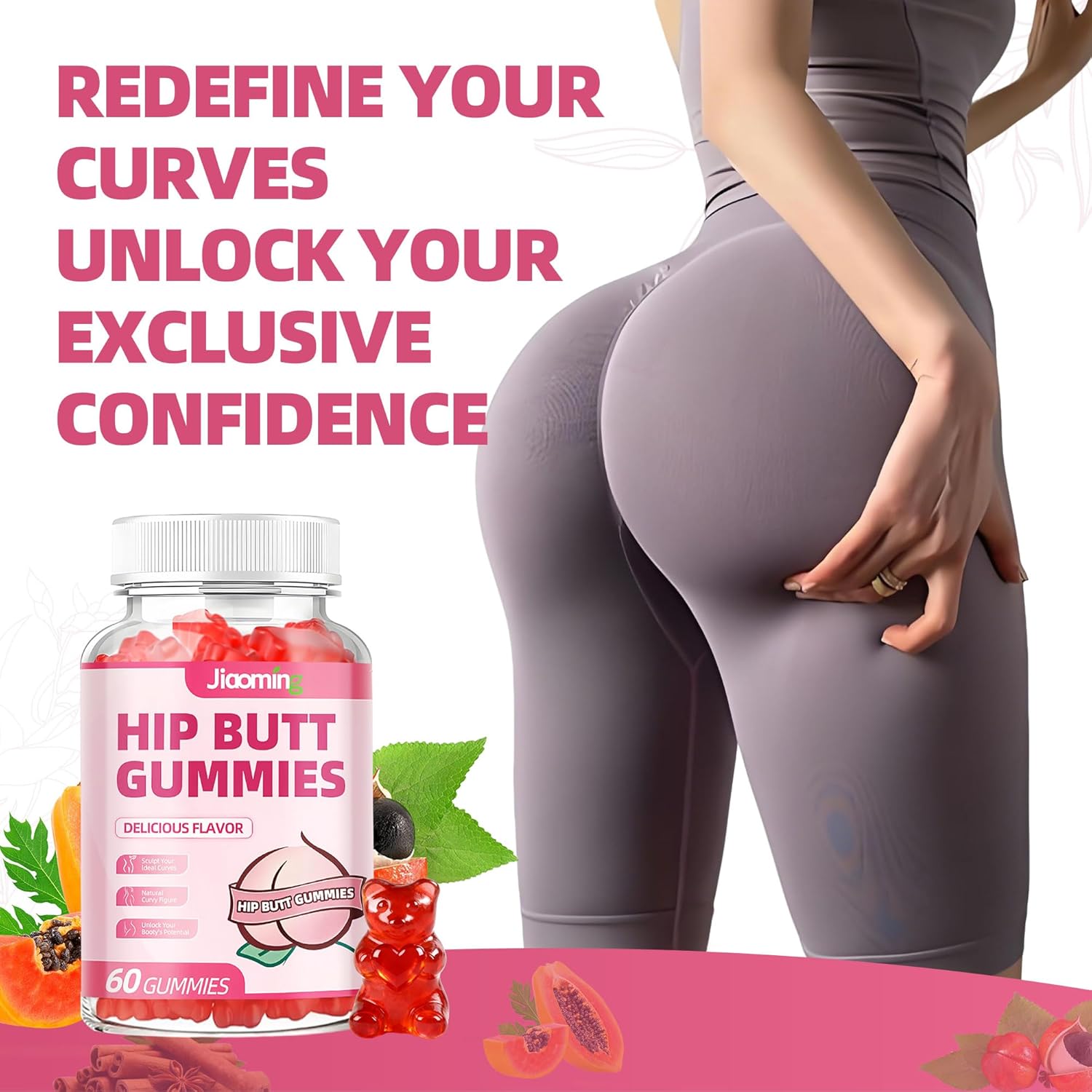 Jiaoming 60 Counts Hip Butt Gummies Women BBL Booty Bigger Fast,Buttocks Enhancer Body Firmer Curvy Growth Enhancement, Maca Extracts Natural Herbal Gummy Candy