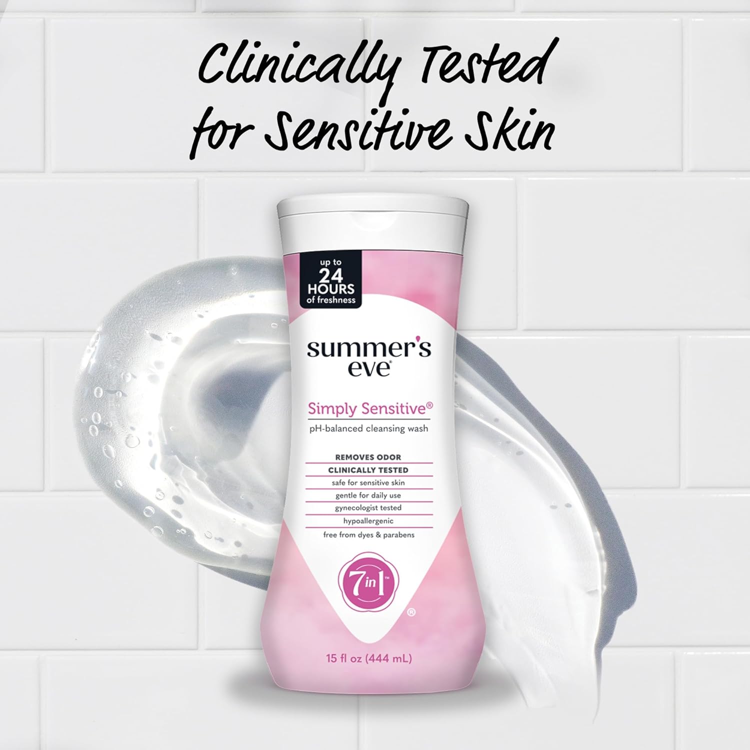 Summer's Eve Simply Sensitive All-Over Daily Feminine Wash, Gentle pH-Balanced Body Wash for Women, Removes Vaginal Odor, 15 Fl Oz