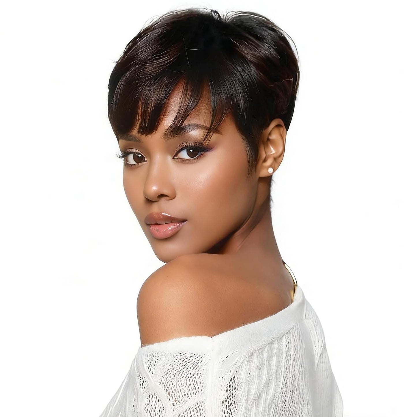 Short Layered Pixie Cut Wig Human Hair for Black Women Brazilian Virgin Straight Human Hair Pixie Wigs with Bangs Glueless None Lace Front Full Machine Made Wigs for Daily Use