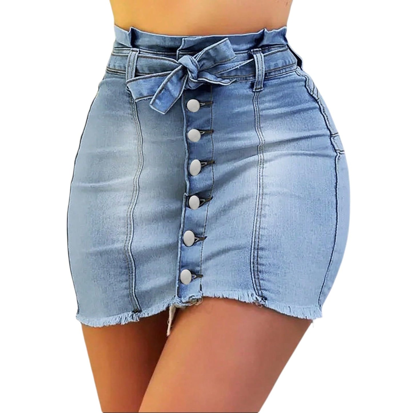 Women's Summer Button Down Front Denim Short Skirt with A Bow Jean Skirt Stretchy Hight Waist Frayed Button Fly Skirt