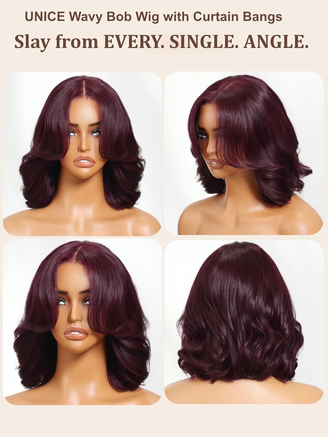 UNICE Black Cherry Body Wave Bob Wig Human Hair 7x5 Glueless Lace Front Drawstring Wig Pre Plucked Pre Cut with Curtain Bangs 10 inch