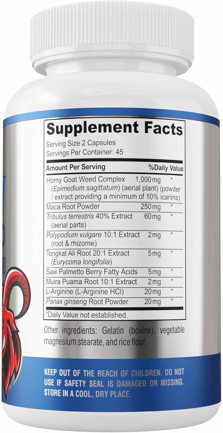 Horny Goat Weed 1364mg Extra Strength w. Maca, L-Arginine, Ginseng, Boost Performance, Stamina, Energy, Non-GMO Formula, 90 Capsules