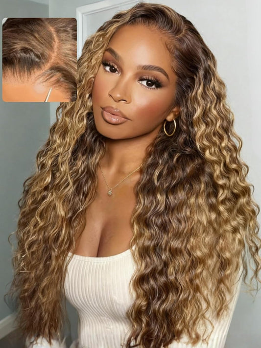 UNICE Water Wave 13x4 Lace Front Human Hair Wig Caramel Brown with Honey Blonde Highlight Glueless Drawstring Wig Pre Plucked Pre Cut Bleached Knots 150% Density 22 inch