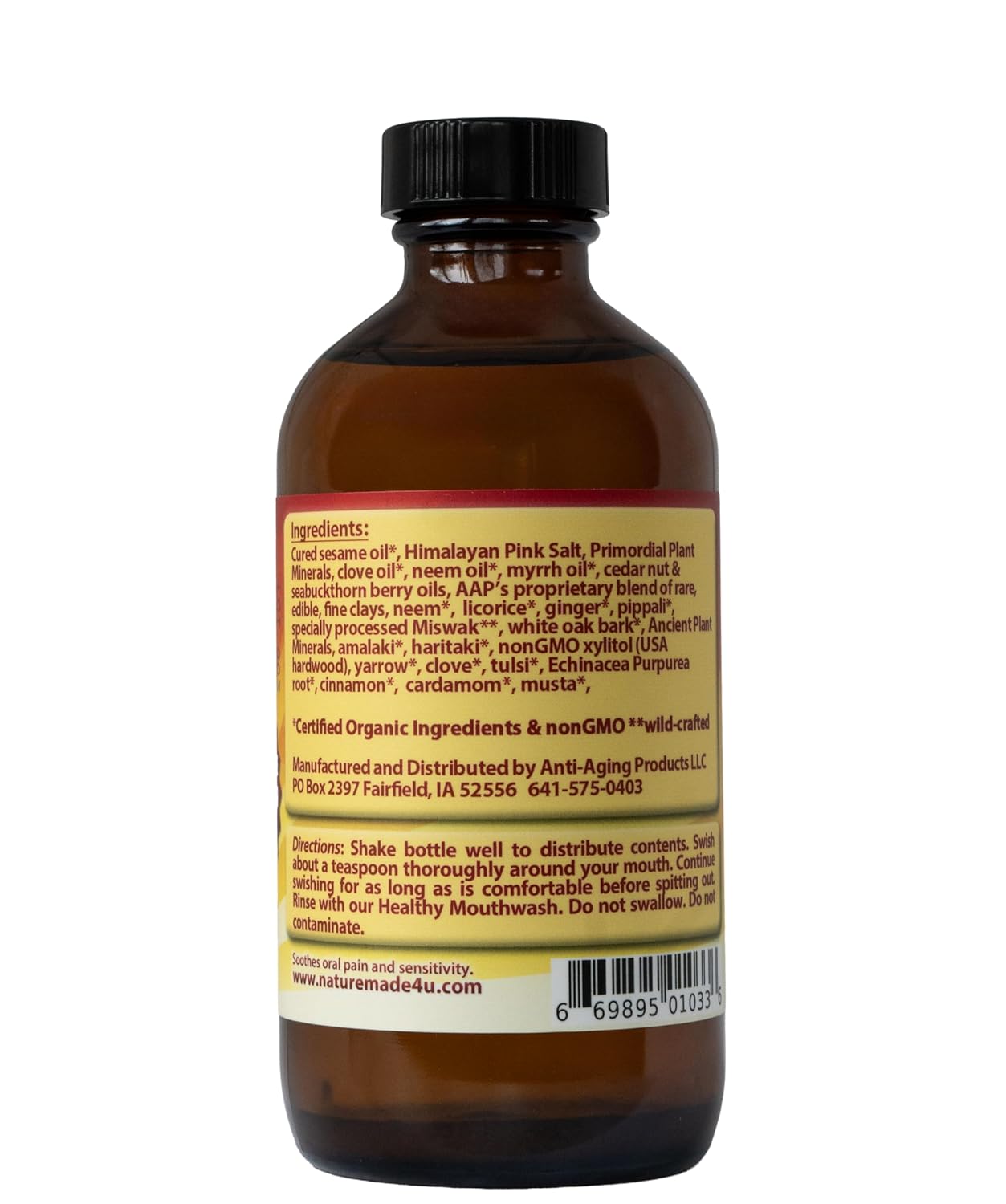 Organic Mouth Detox & Oil Pulling, 8 fl oz Glass Jar, Sesame Oil Blend for Fresh Breath, Gum Comfort & Oral Balance, Ayurvedic Fluoride Free Oral Rinse, Organic, Non-GMO