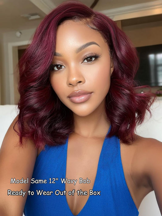 UNICE Black Cherry Body Wave Bob Wig Human Hair 7x5 Glueless Lace Front Drawstring Wig Pre Plucked Pre Cut with Curtain Bangs 10 inch