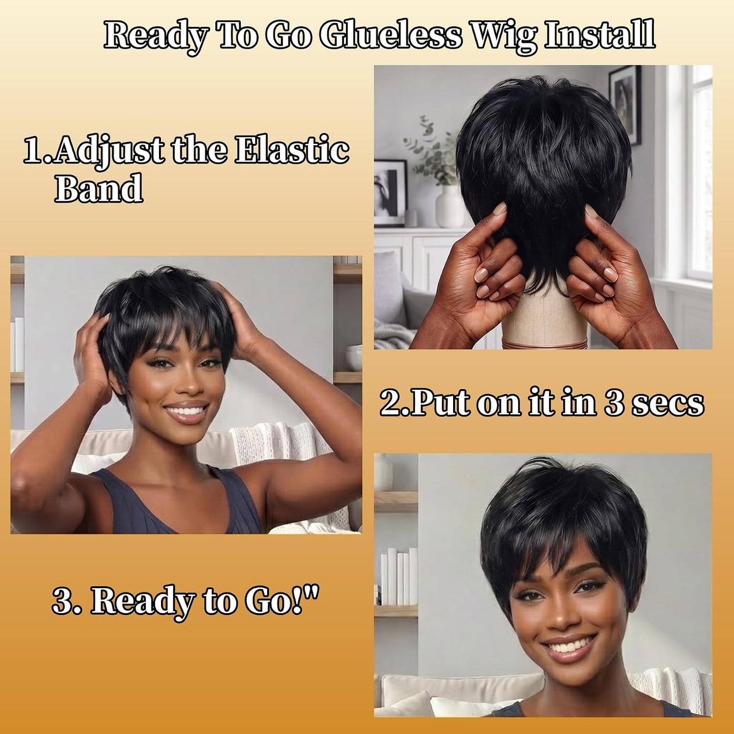 HANASCC Pixie Cut Wigs Human Hair for Black Women Glueless Short Bob Wig 100% Real Human Hair Lightweight Natural Black Straight 6 Inch