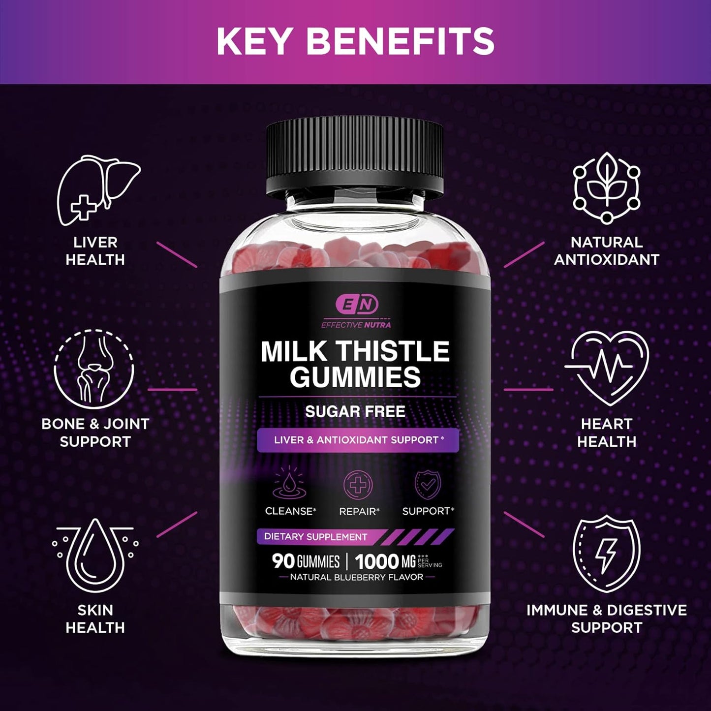 Effective Nutra Milk Thistle Gummies | Sugar-Free Milk Thistle Extract 1000mg for Liver Detox & Antioxidant Support | Vegan, Gluten-Free| 45-Day Supply, Natural Berry Flavor, Made in USA (90 Count)
