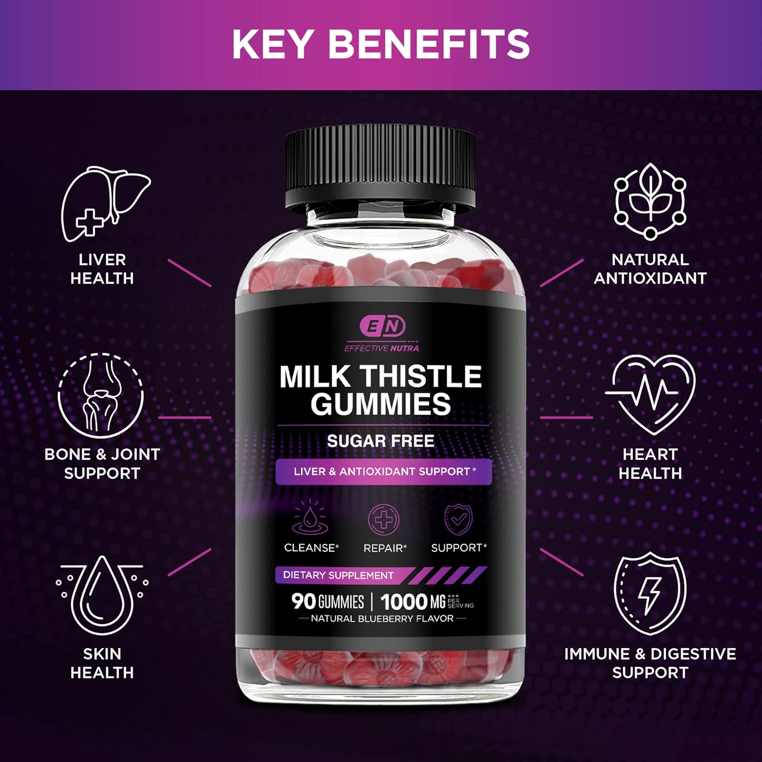 Effective Nutra Milk Thistle Gummies | Sugar-Free Milk Thistle Extract 1000mg for Liver Detox & Antioxidant Support | Vegan, Gluten-Free| 45-Day Supply, Natural Berry Flavor, Made in USA (90 Count)