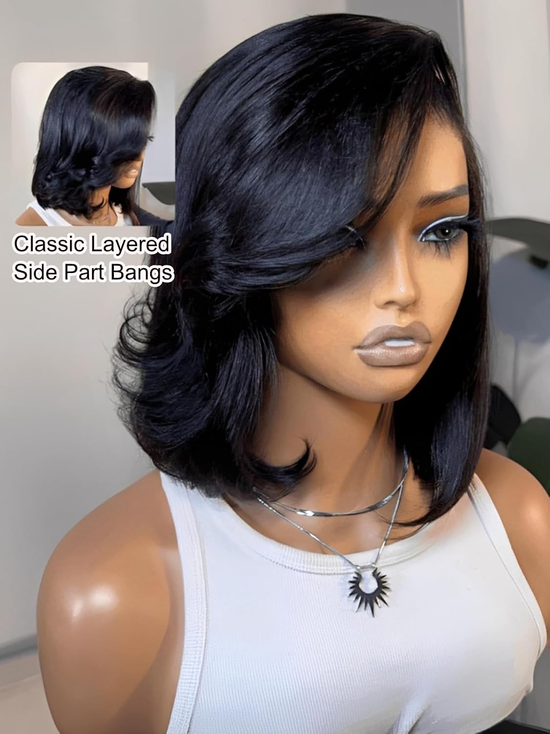 UNICE 10 inch Side Part Short Bob Wig human Hair with Blow Out Layered Bangs 7x5 Lace Front Glueless Wigs Human Hair Pre Plucked Bleached Knots Pre Cut Ready To Wear Black Wig Shoulder Length