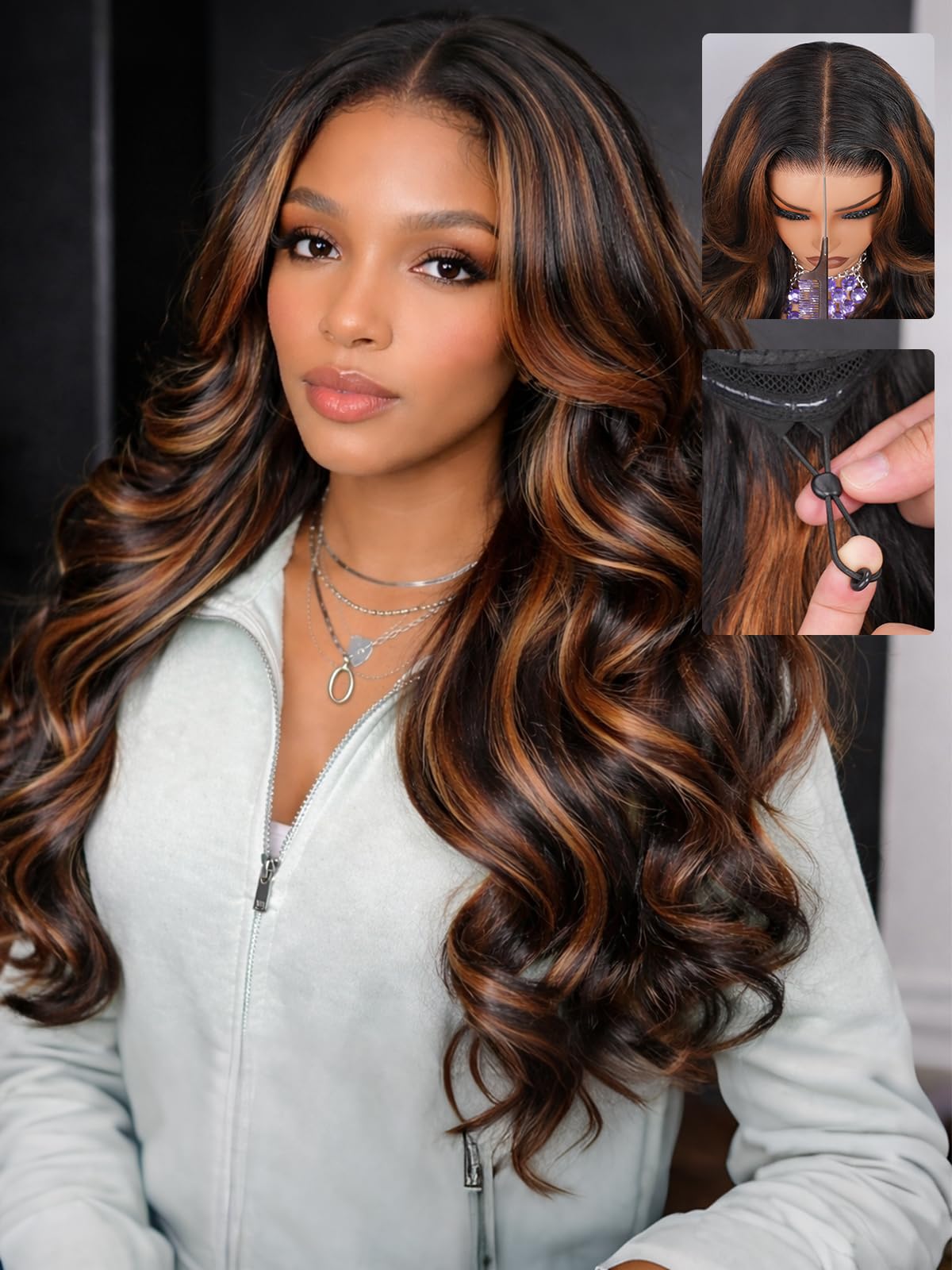 7x6 Body Wave Wig 1B/30 Balayage Wig Human Hair 18 Inch | 100% human hair, pre-plucked & pre-cut, Glueless Wear & Go. Adjustable drawstring, Brown Highlight,180% density. Silky & soft