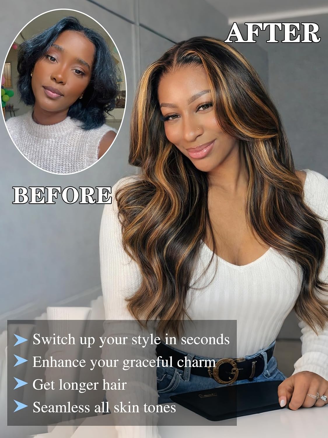 7x6 Body Wave Wig 1B/30 Balayage Wig Human Hair 18 Inch | 100% human hair, pre-plucked & pre-cut, Glueless Wear & Go. Adjustable drawstring, Brown Highlight,180% density. Silky & soft