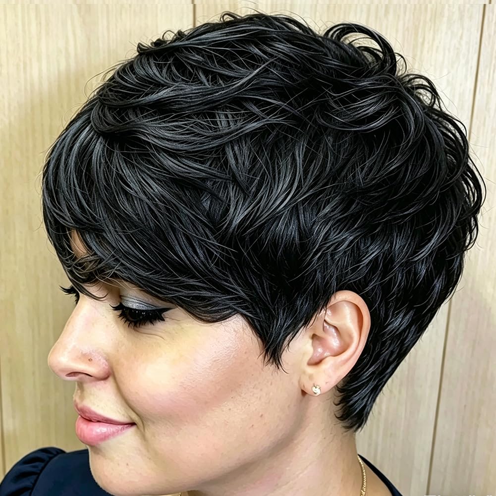 Black Pixie Wig Synthetic Hair Short Curly Wigs for Black Women | Short Wigs for Black Women Pixie Cut Wig Short Curly Wigs for Black Women Synthetic Hair Wavy Black Pixie Wig (black