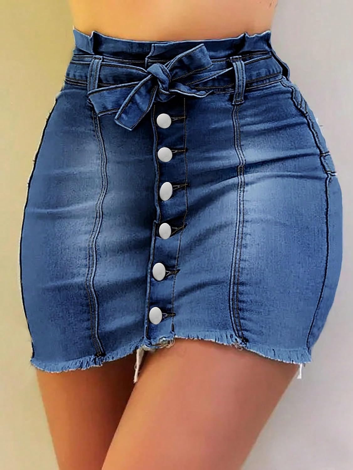 Women's Summer Button Down Front Denim Short Skirt with A Bow Jean Skirt Stretchy Hight Waist Frayed Button Fly Skirt