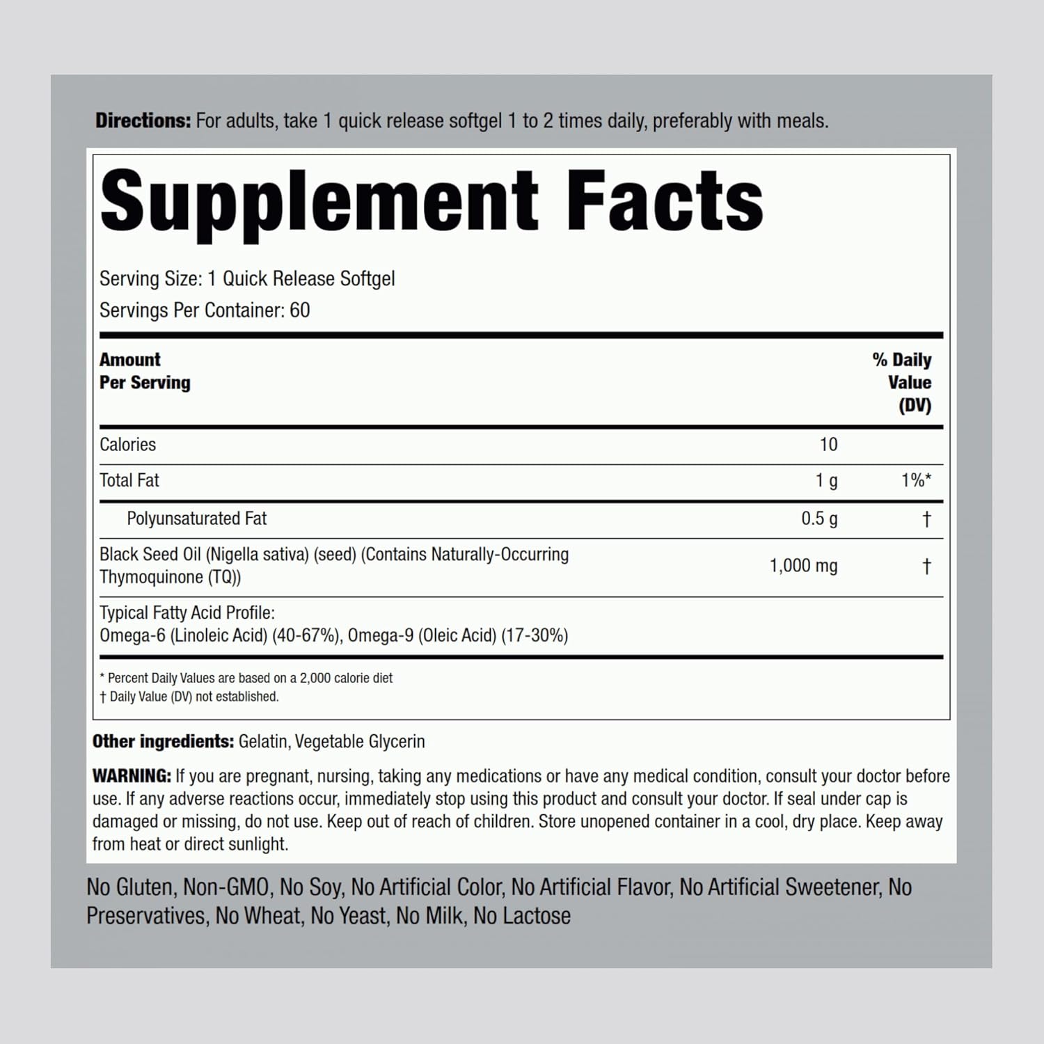 Piping Rock Black Seed Oil Softgel Capsules | 1000mg | 60 Pills | Cold Pressed Solvent Free | Non GMO, Gluten Free Supplement