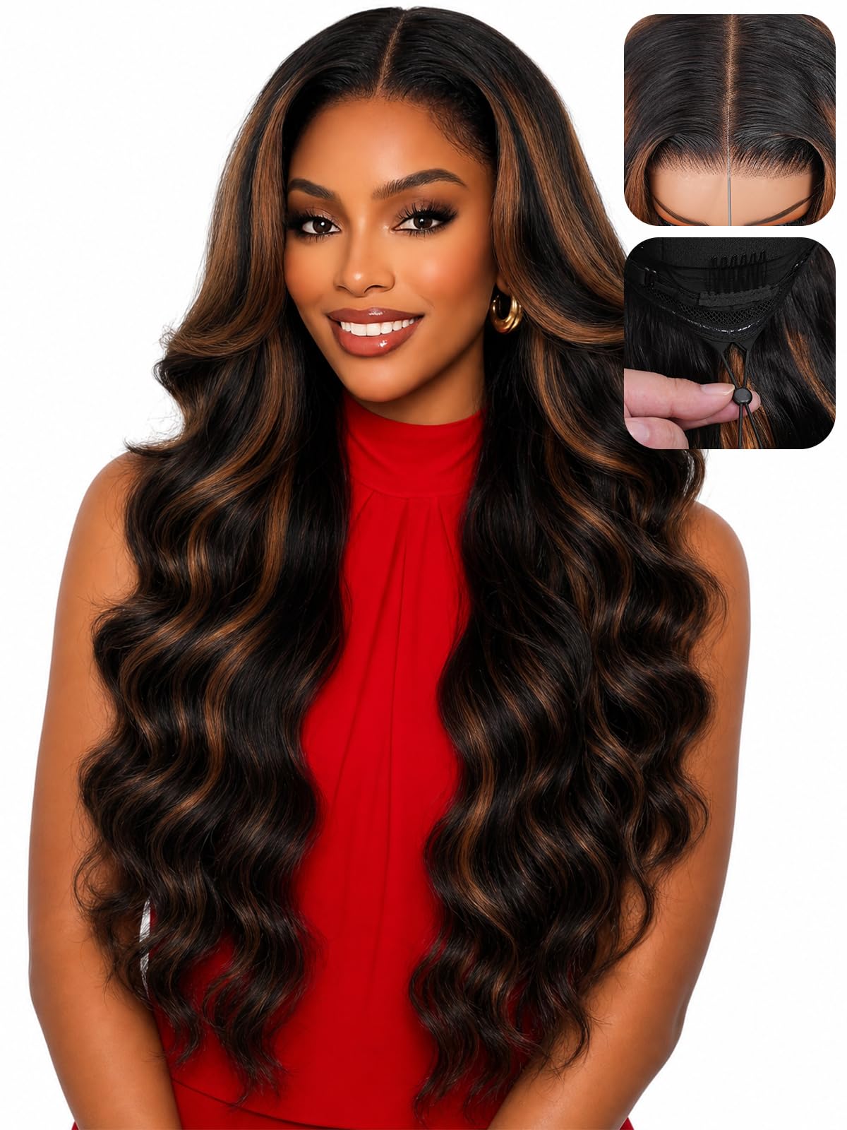 7x6 Body Wave Wig 1B/30 Balayage Wig Human Hair 18 Inch | 100% human hair, pre-plucked & pre-cut, Glueless Wear & Go. Adjustable drawstring, Brown Highlight,180% density. Silky & soft