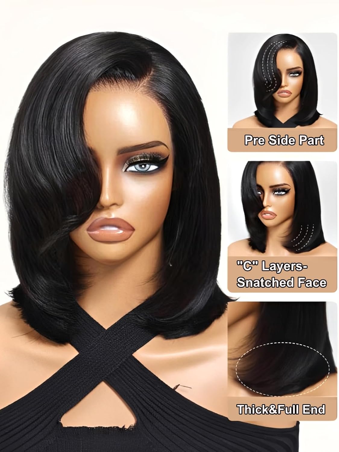 UNICE 10 inch Side Part Short Bob Wig human Hair with Blow Out Layered Bangs 7x5 Lace Front Glueless Wigs Human Hair Pre Plucked Bleached Knots Pre Cut Ready To Wear Black Wig Shoulder Length