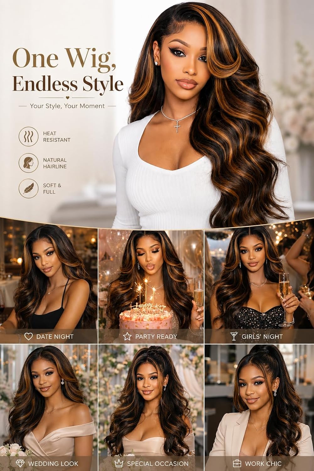 7x6 Body Wave Wig 1B/30 Balayage Wig Human Hair 18 Inch | 100% human hair, pre-plucked & pre-cut, Glueless Wear & Go. Adjustable drawstring, Brown Highlight,180% density. Silky & soft