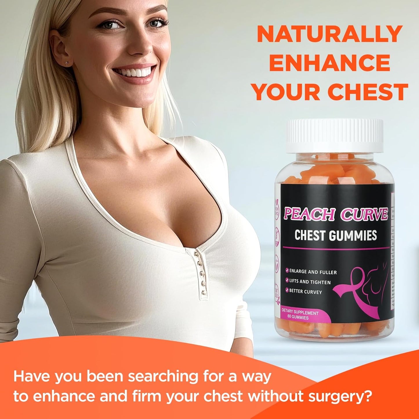 Chest Gummies for Enhance Confidence, Bear Shaped Chest Gummies with Herbal Ingredients, 60 Count, Peach Flavor Natural BBL Gummy for Women and Men