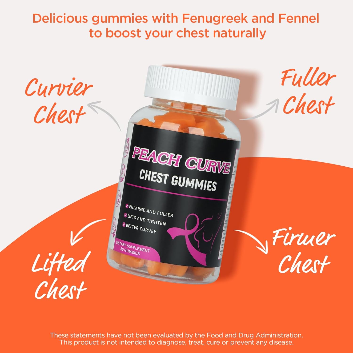 Chest Gummies for Enhance Confidence, Bear Shaped Chest Gummies with Herbal Ingredients, 60 Count, Peach Flavor Natural BBL Gummy for Women and Men
