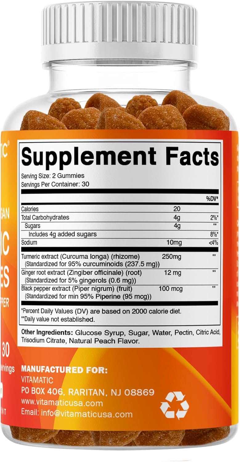 Vitamatic Turmeric Gummy with Ginger & Black Pepper Extract – 60 Vegan Gummies Each | 2 Pack (120 Gummies) 95% Curcuminoids – Powerful Antioxidant & Inflammatory Support