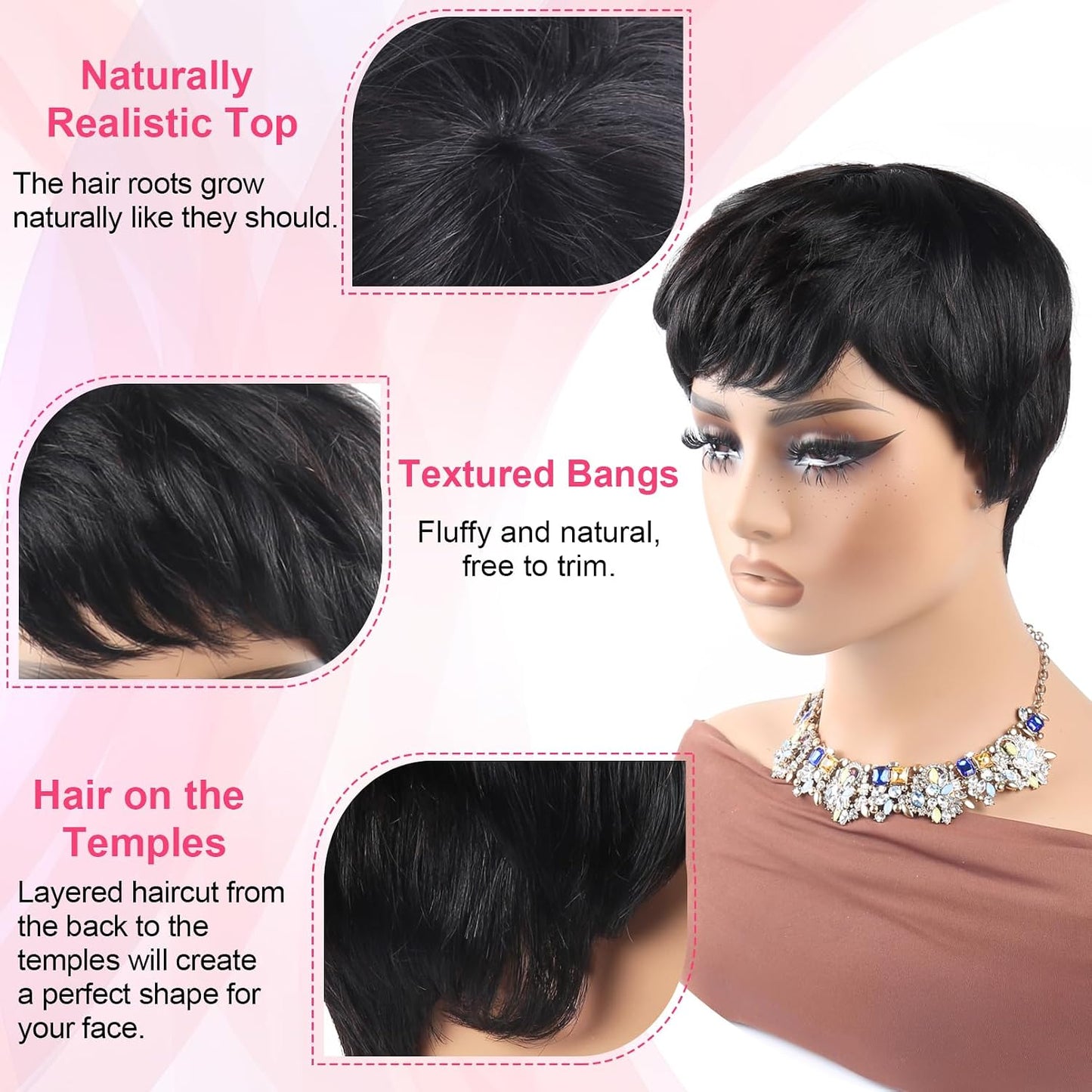 Short Layered Pixie Cut Wig Human Hair for Black Women Brazilian Virgin Straight Human Hair Pixie Wigs with Bangs Glueless None Lace Front Full Machine Made Wigs for Daily Use