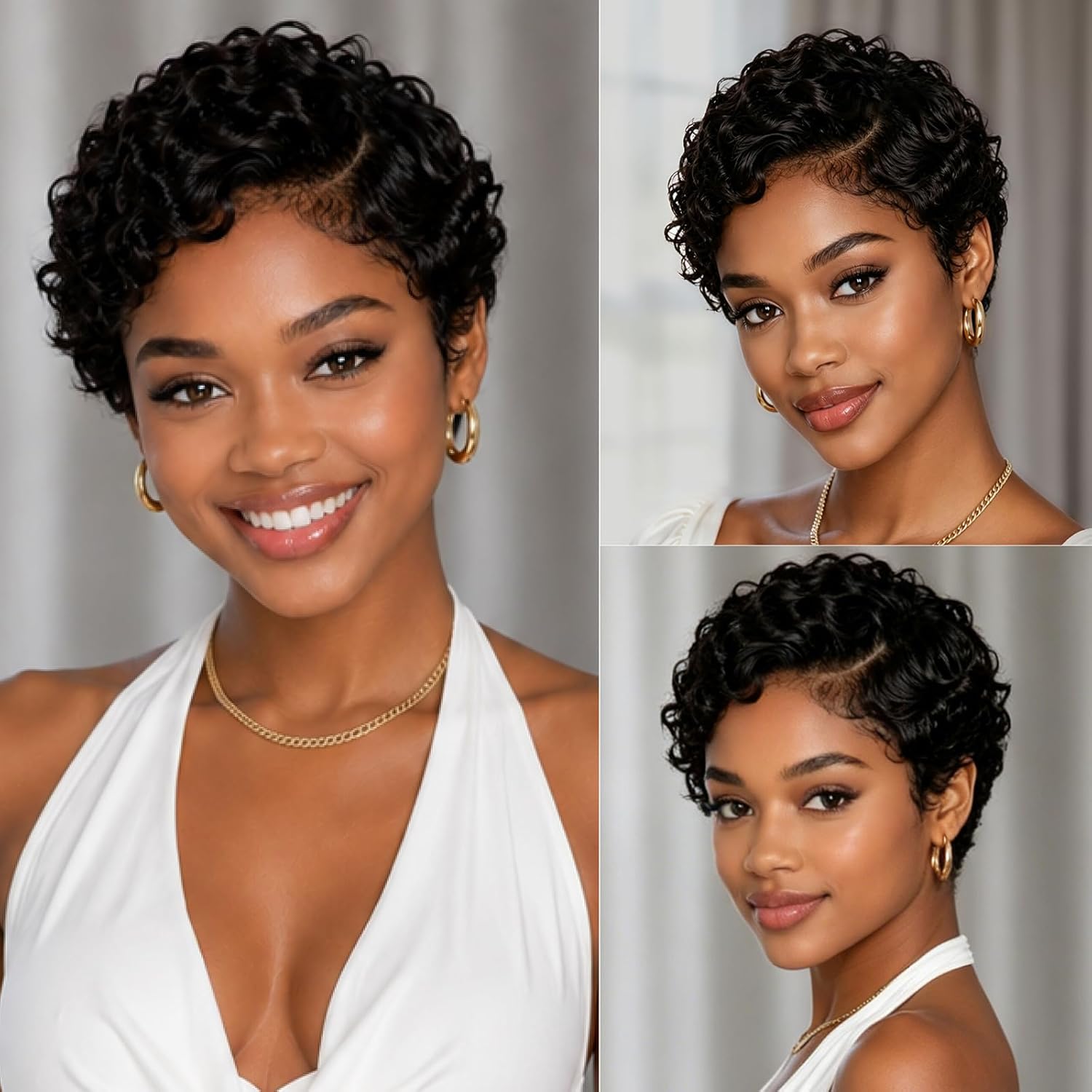 Curly Pixie Cut 13x4 Lace Front Human Hair Wigs for Black Women, Deep Wave Short Curly 13x4 HD Lace Frontal Wigs Layered No Glue Daily Wear Wig Pixie Cut 100% Human Hair Glueless Wigs, Natural Black