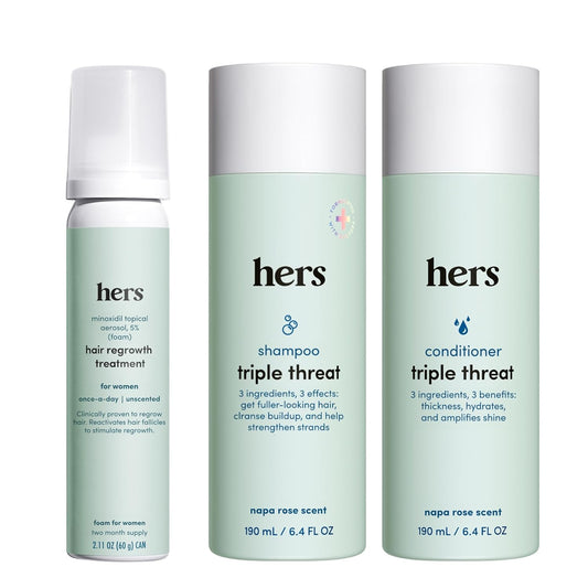 hers Triple Threat Shampoo, Conditioner, & Minoxidil Set - Includes 5% Minoxidil Foam Solution - Hair Thickening & Strengthening Formula - Paraben-Free, Vegan, Color-Safe - 3 Count