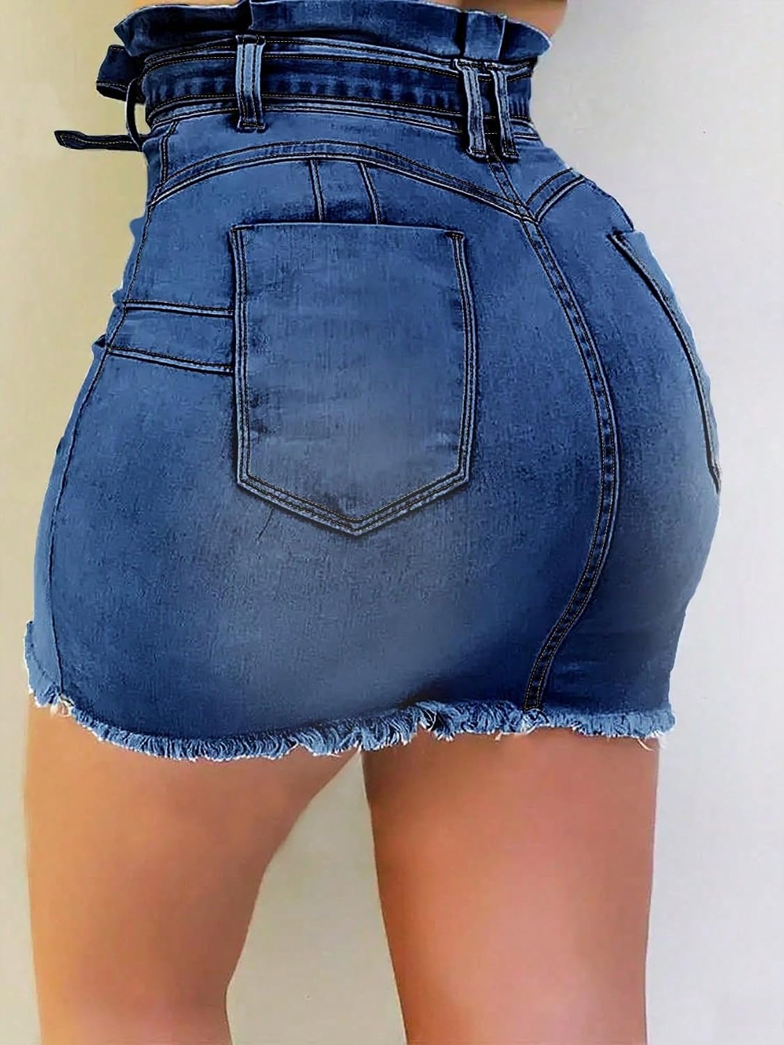 Women's Summer Button Down Front Denim Short Skirt with A Bow Jean Skirt Stretchy Hight Waist Frayed Button Fly Skirt