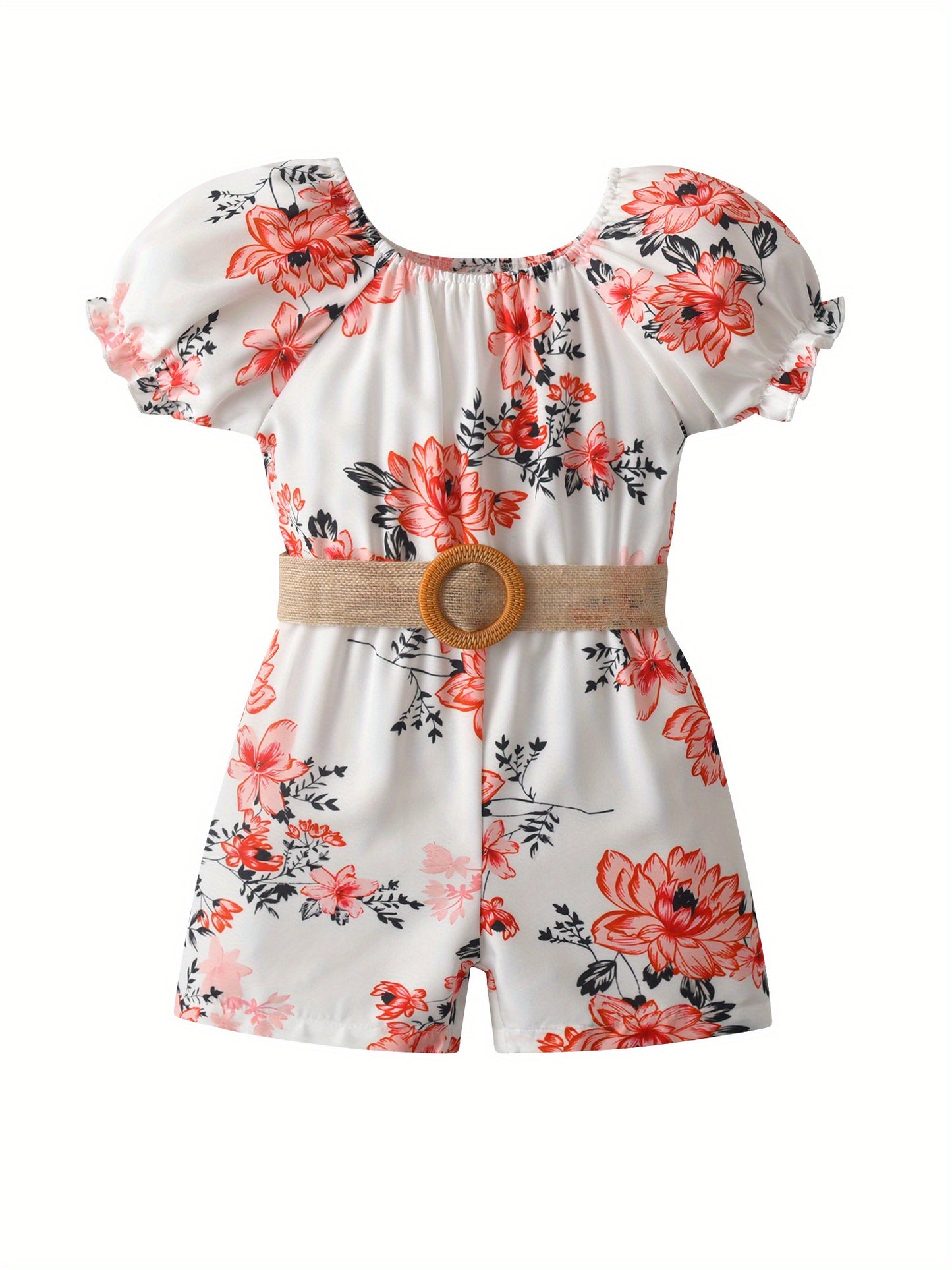 [Floral Romper] Summer Floral Print Girls' Romper Jumpsuit | Puff Sleeve, Lace-Up Belt, Machine Washable, Casual Playwear for 7 Years, Little Girls Clothes, Breathable Fabric