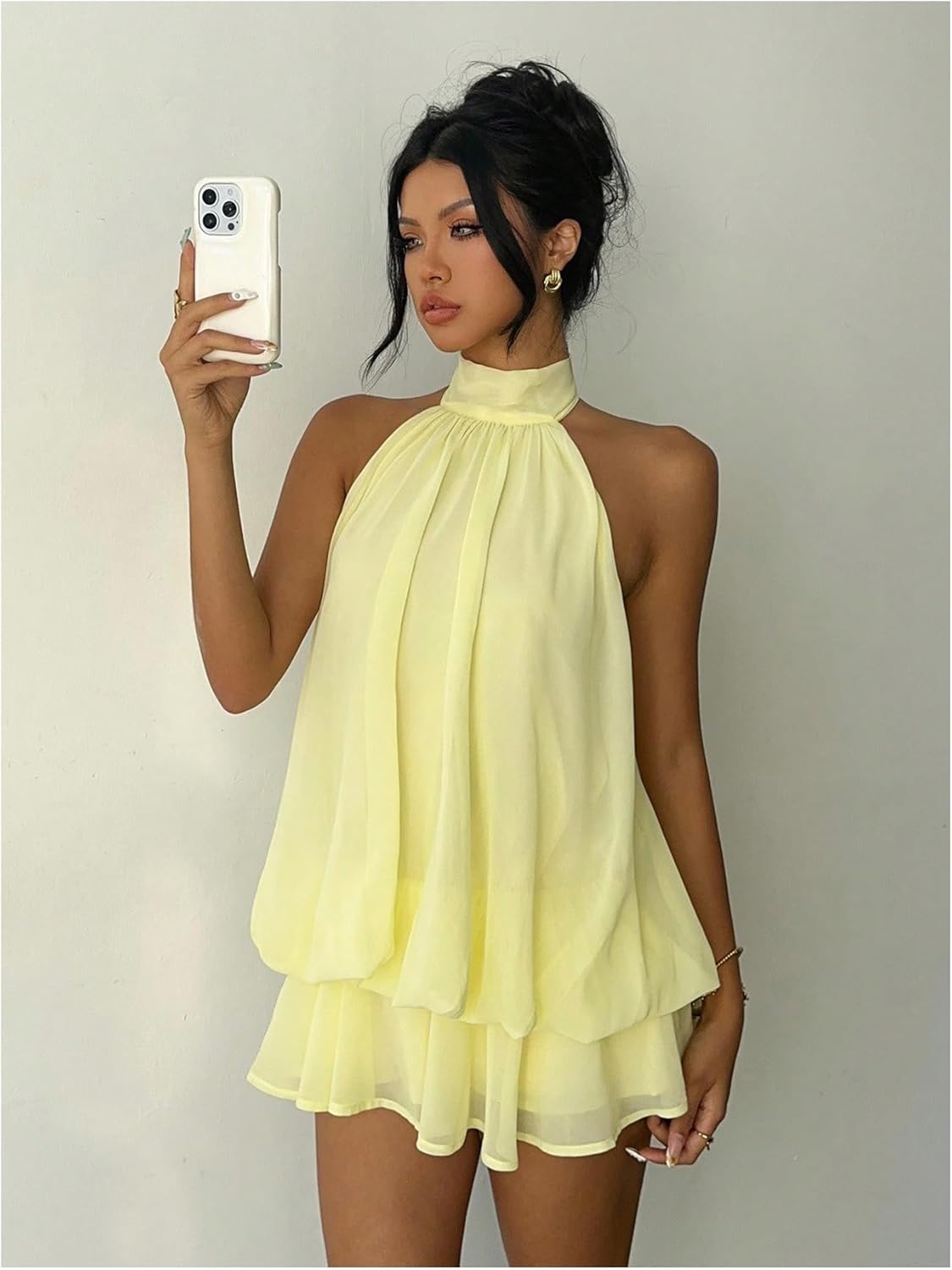 Verdusa Women's Chiffon Halter Drop Waist Wedding Guest Dresses Ruffle Summer Mini Dress Brunch Outfits