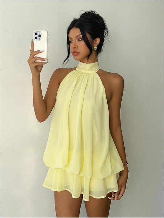 Verdusa Women's Chiffon Halter Drop Waist Wedding Guest Dresses Ruffle Summer Mini Dress Brunch Outfits