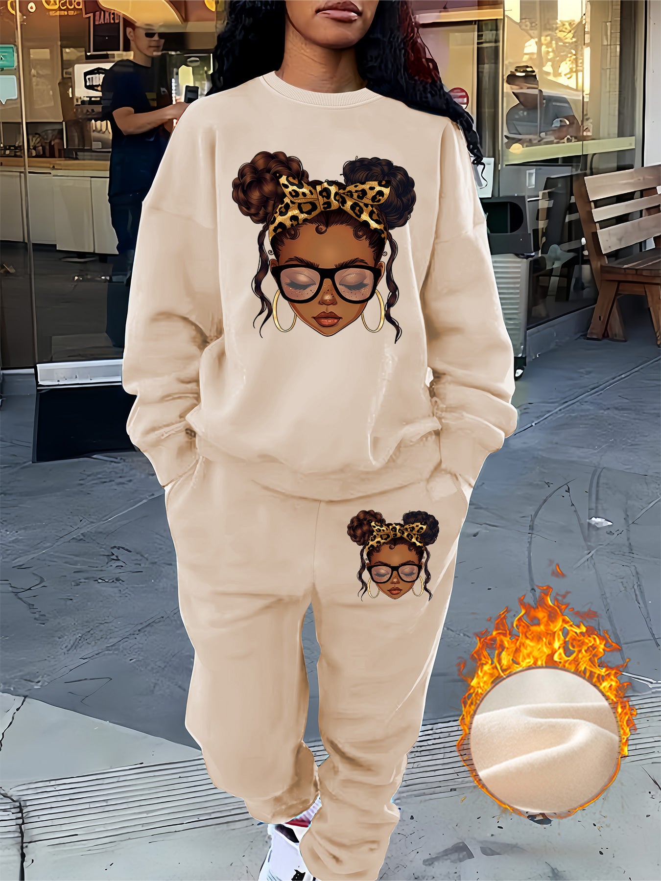 Graphic Print Two Piece Set, Crew Neck Sweatshirt & Pants, Women's Clothing