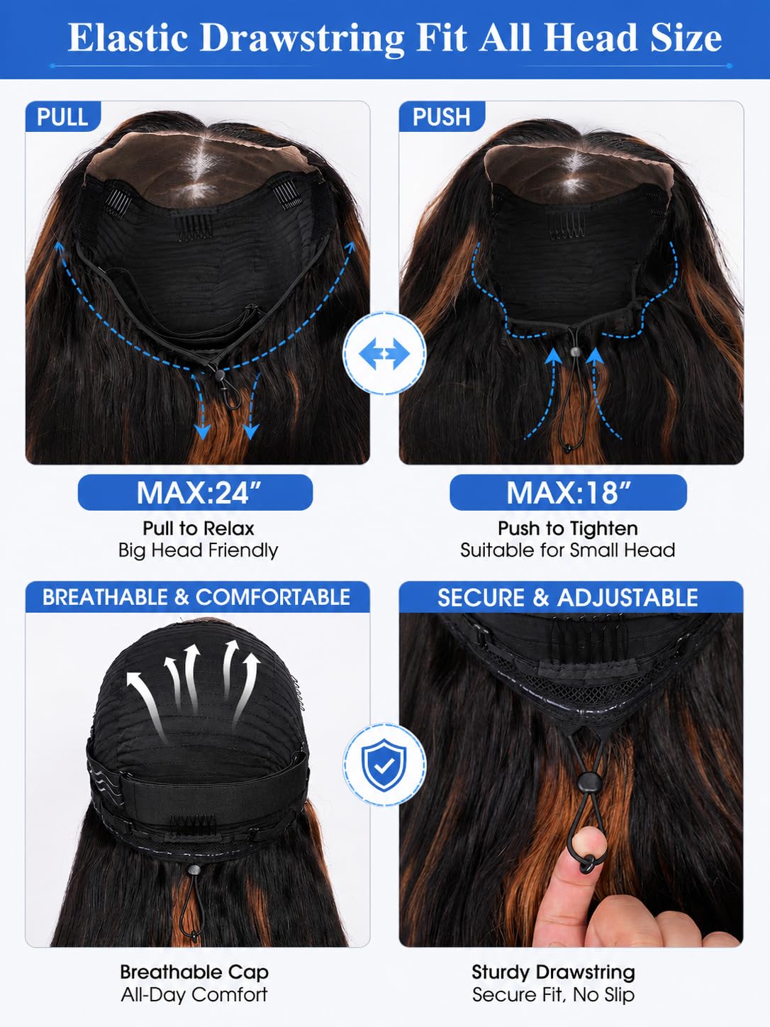 7x6 Body Wave Wig 1B/30 Balayage Wig Human Hair 18 Inch | 100% human hair, pre-plucked & pre-cut, Glueless Wear & Go. Adjustable drawstring, Brown Highlight,180% density. Silky & soft