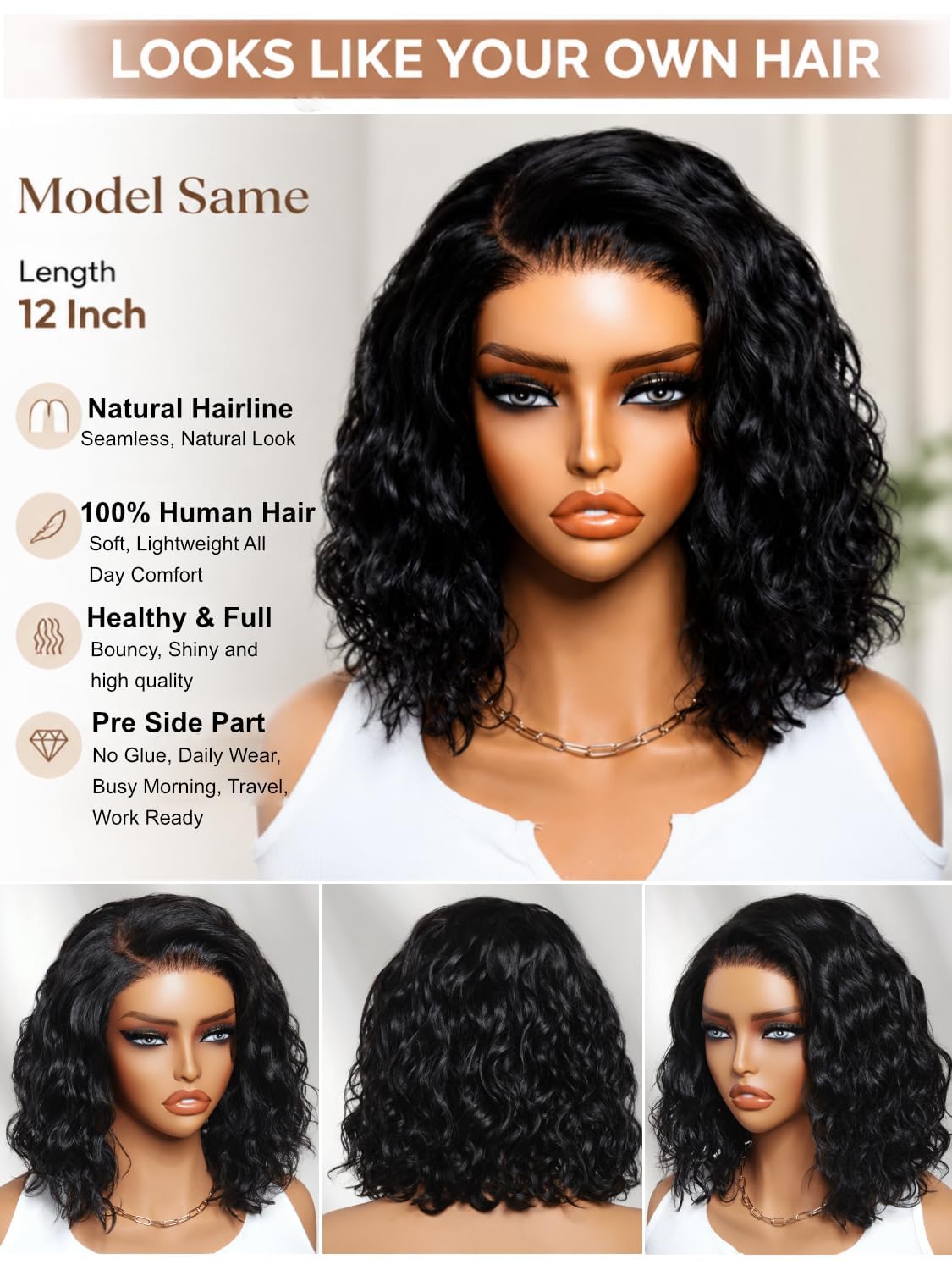 UNICE Bye Bye Slip Water Wave Bob Wig Human Hair, C Side Part 6x4 Glueless Lace Closure Wig, Pre-Plucked & Pre-Cut, 220% Density, Drawstring, Beginner Friendly for Black Women 10 Inch