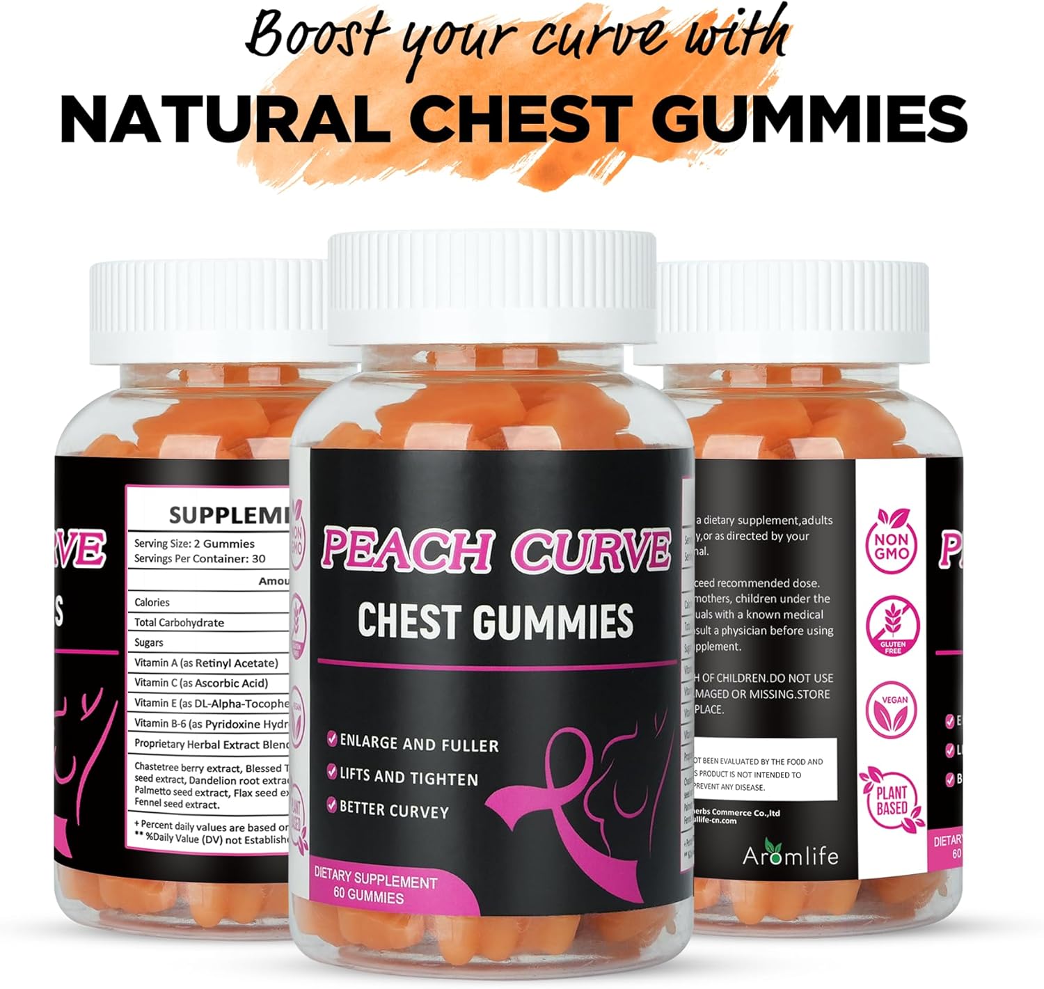 Chest Gummies for Enhance Confidence, Bear Shaped Chest Gummies with Herbal Ingredients, 60 Count, Peach Flavor Natural BBL Gummy for Women and Men