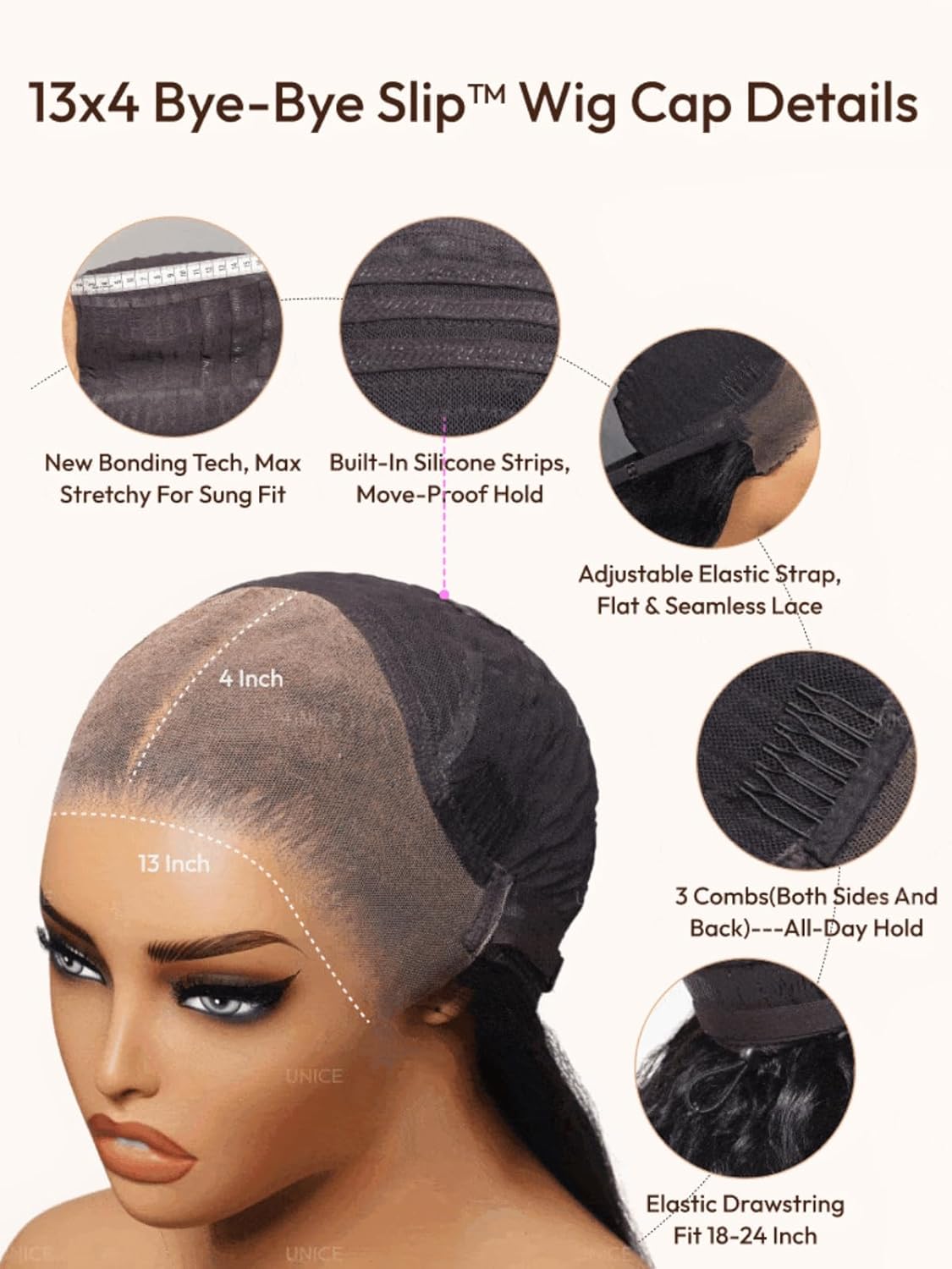 UNICE Water Wave 13x4 Lace Front Human Hair Wig Caramel Brown with Honey Blonde Highlight Glueless Drawstring Wig Pre Plucked Pre Cut Bleached Knots 150% Density 22 inch