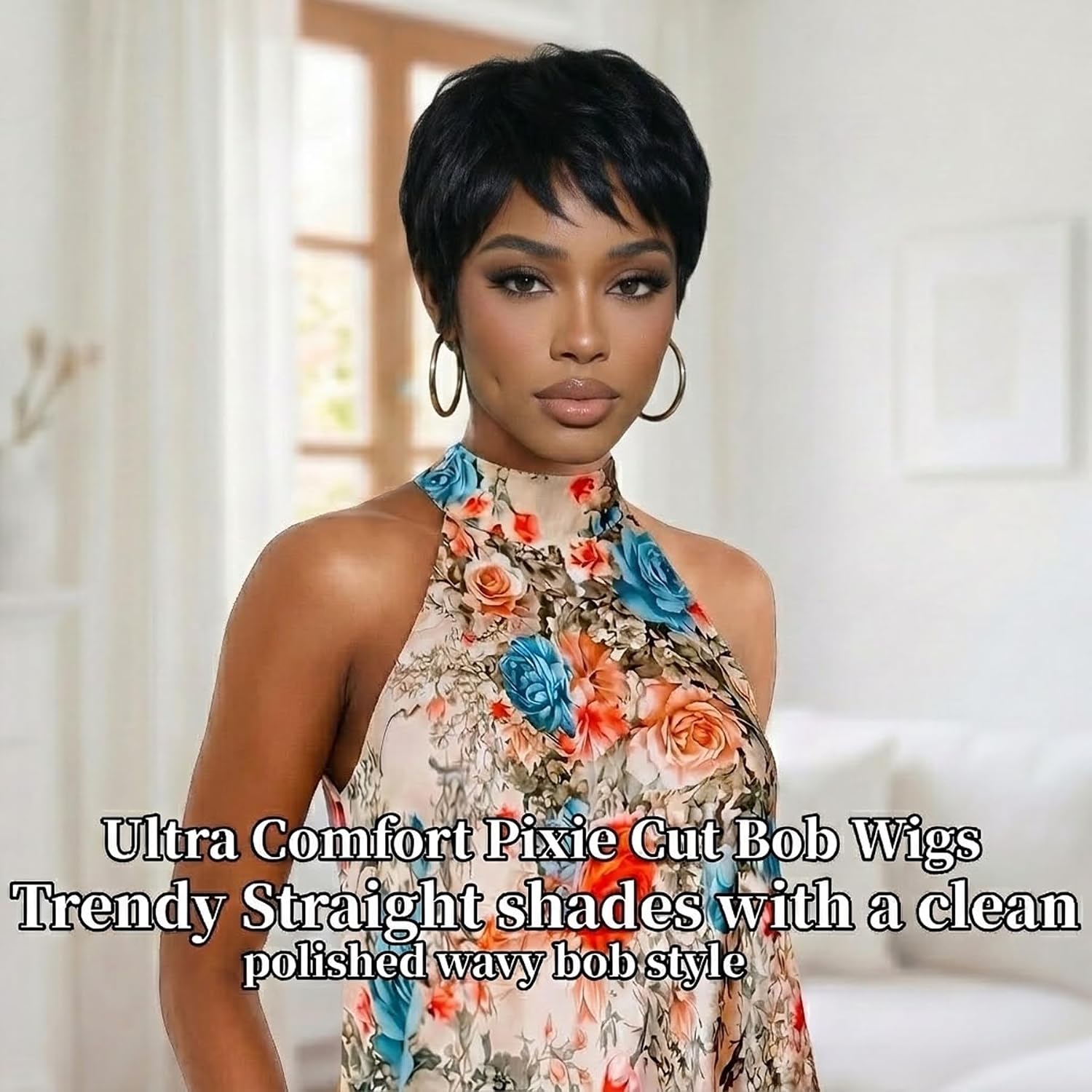 HANASCC Pixie Cut Wigs Human Hair for Black Women Glueless Short Bob Wig 100% Real Human Hair Lightweight Natural Black Straight 6 Inch