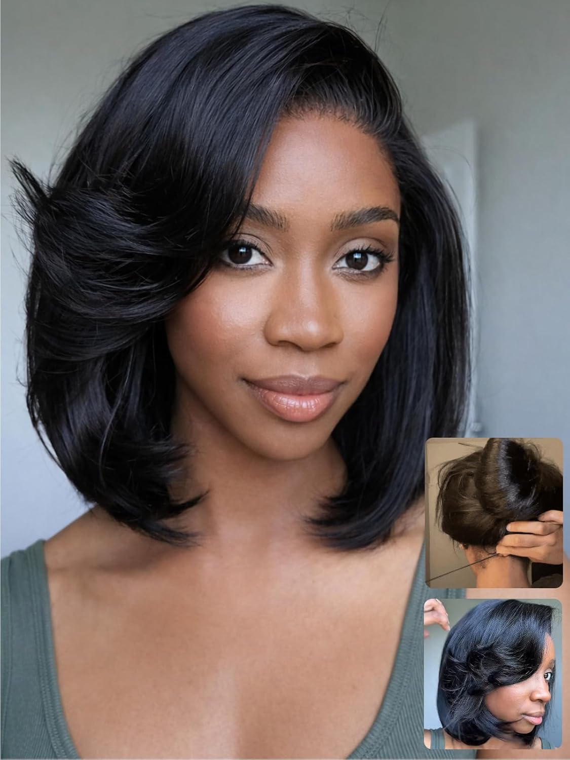 UNICE 10 inch Side Part Short Bob Wig human Hair with Blow Out Layered Bangs 7x5 Lace Front Glueless Wigs Human Hair Pre Plucked Bleached Knots Pre Cut Ready To Wear Black Wig Shoulder Length