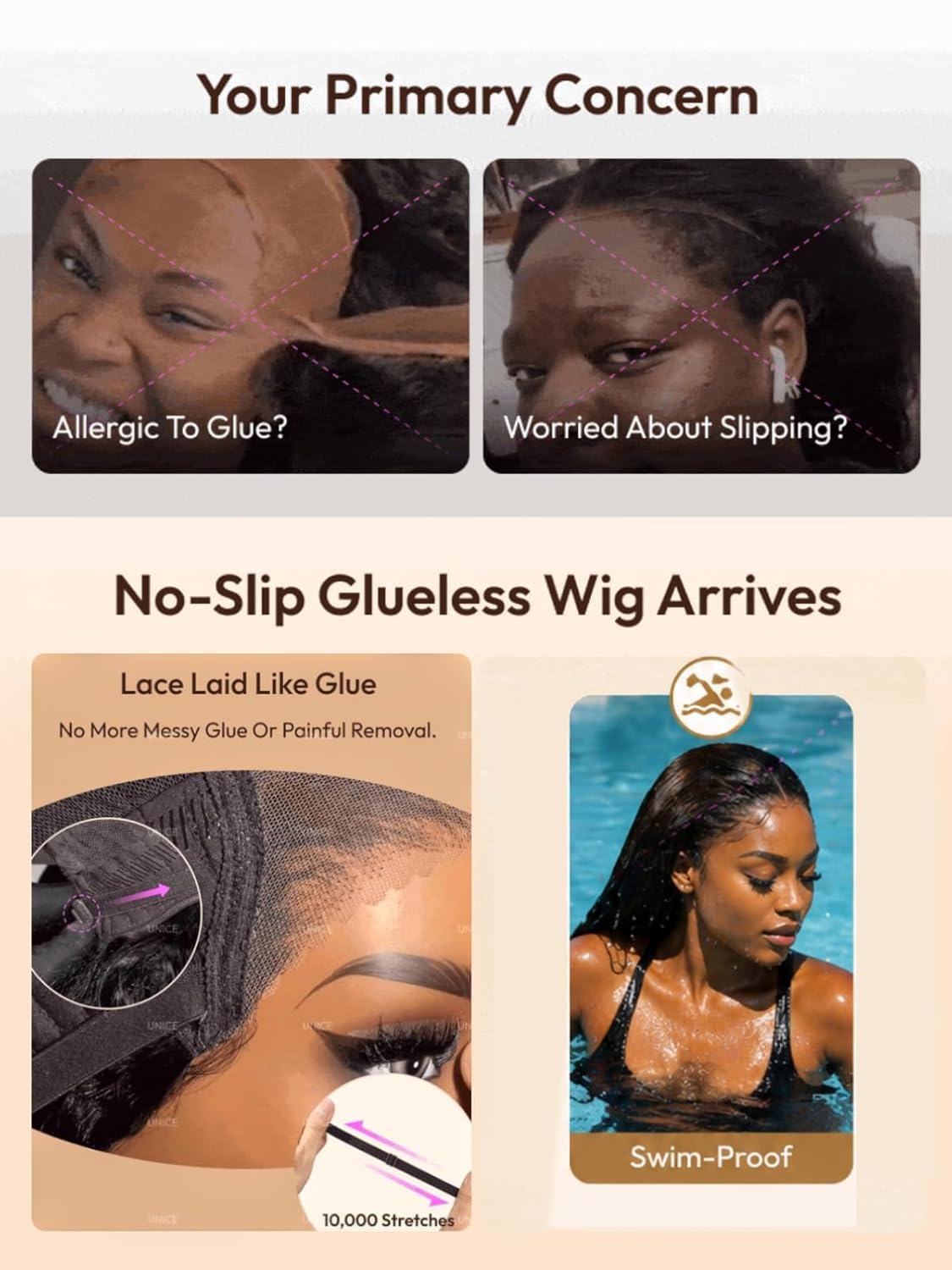 UNICE Bye Bye Slip Water Wave Bob Wig Human Hair, C Side Part 6x4 Glueless Lace Closure Wig, Pre-Plucked & Pre-Cut, 220% Density, Drawstring, Beginner Friendly for Black Women 10 Inch