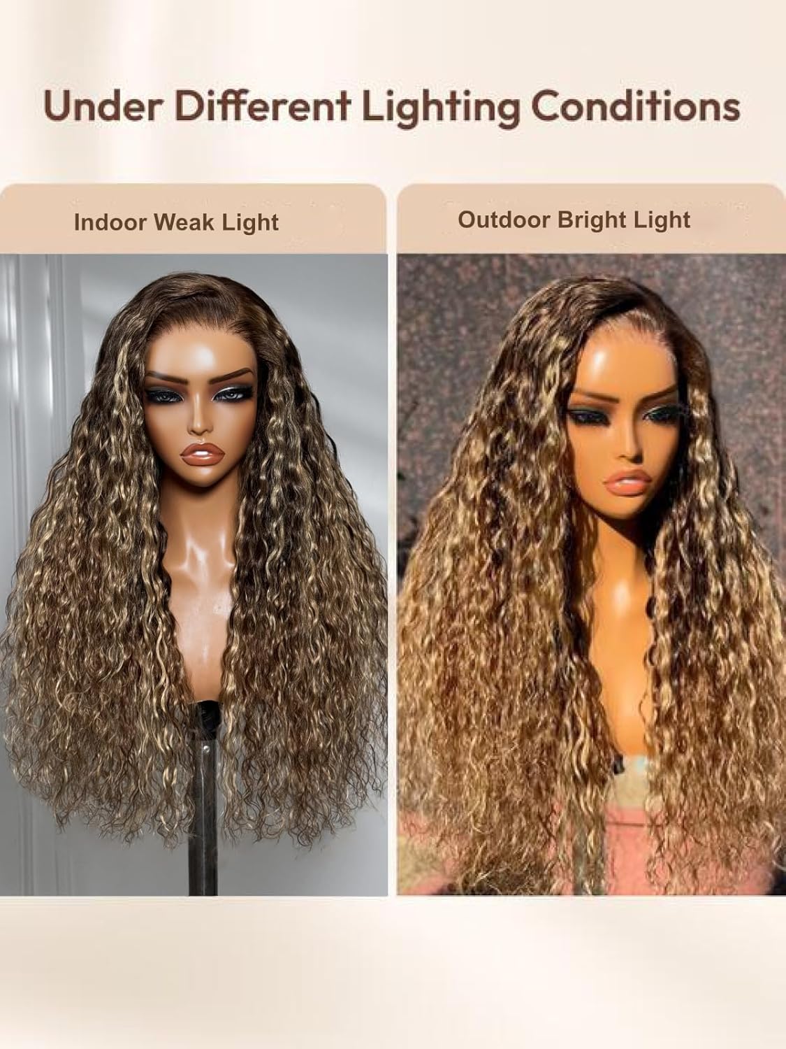 UNICE Water Wave 13x4 Lace Front Human Hair Wig Caramel Brown with Honey Blonde Highlight Glueless Drawstring Wig Pre Plucked Pre Cut Bleached Knots 150% Density 22 inch