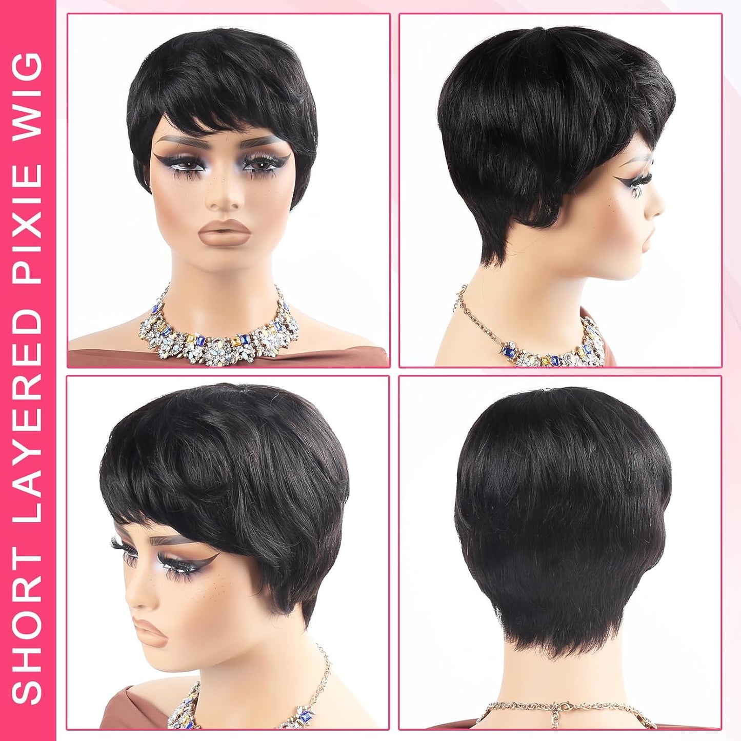 Short Layered Pixie Cut Wig Human Hair for Black Women Brazilian Virgin Straight Human Hair Pixie Wigs with Bangs Glueless None Lace Front Full Machine Made Wigs for Daily Use