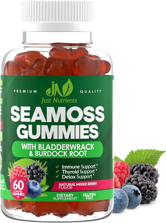 Sea Moss Gummies with Bladderwrack and Burdock Root - Natural Irish Sea Moss Superfood for Immune, Thyroid and Detox Support - Extra Strength for Men & Women - Gluten-Free, Vegan - 60 Gummies