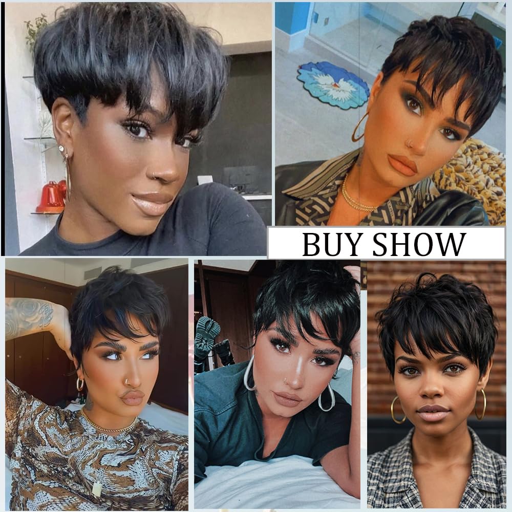 Black Pixie Wig Synthetic Hair Short Curly Wigs for Black Women | Short Wigs for Black Women Pixie Cut Wig Short Curly Wigs for Black Women Synthetic Hair Wavy Black Pixie Wig (black