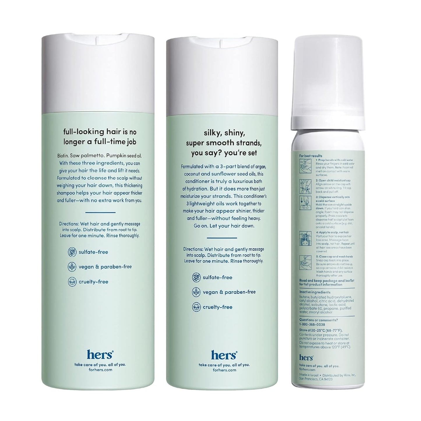 hers Triple Threat Shampoo, Conditioner, & Minoxidil Set - Includes 5% Minoxidil Foam Solution - Hair Thickening & Strengthening Formula - Paraben-Free, Vegan, Color-Safe - 3 Count