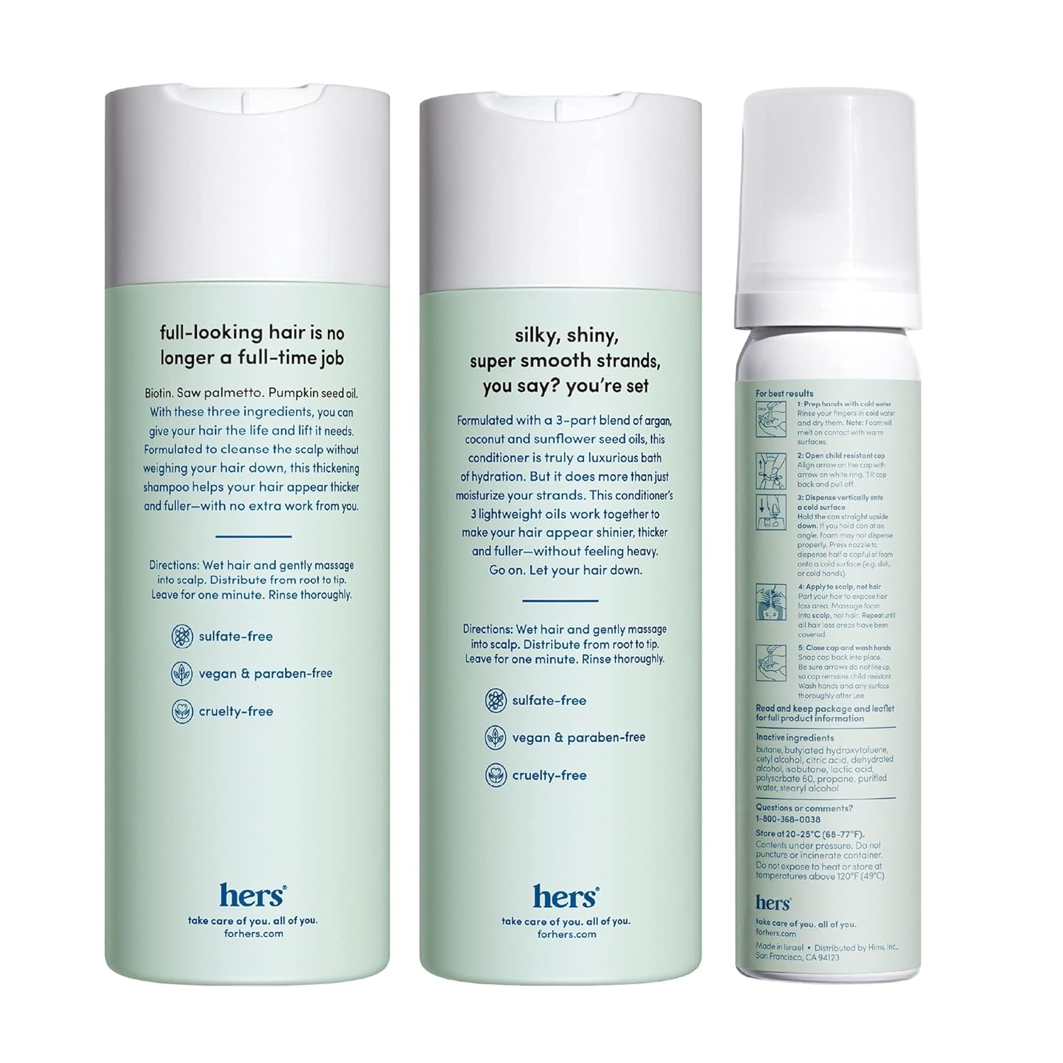 hers Triple Threat Shampoo, Conditioner, & Minoxidil Set - Includes 5% Minoxidil Foam Solution - Hair Thickening & Strengthening Formula - Paraben-Free, Vegan, Color-Safe - 3 Count