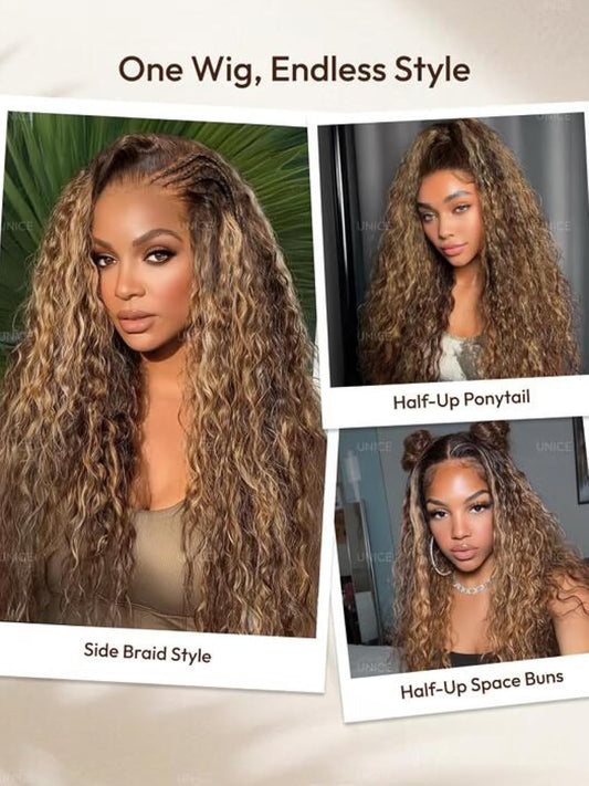 UNICE Water Wave 13x4 Lace Front Human Hair Wig Caramel Brown with Honey Blonde Highlight Glueless Drawstring Wig Pre Plucked Pre Cut Bleached Knots 150% Density 22 inch